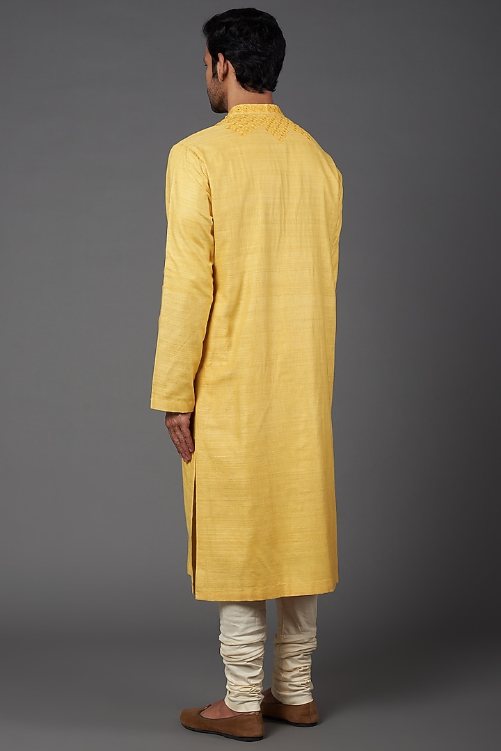 Yellow Silk Embroidered Kurta Set by Kishore Ramani at Pernia's Pop Up Shop