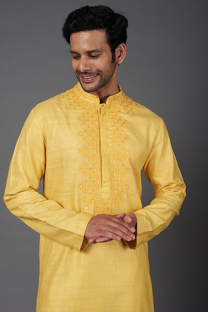 Yellow Silk Embroidered Kurta Set by Kishore Ramani at Pernia's Pop Up Shop