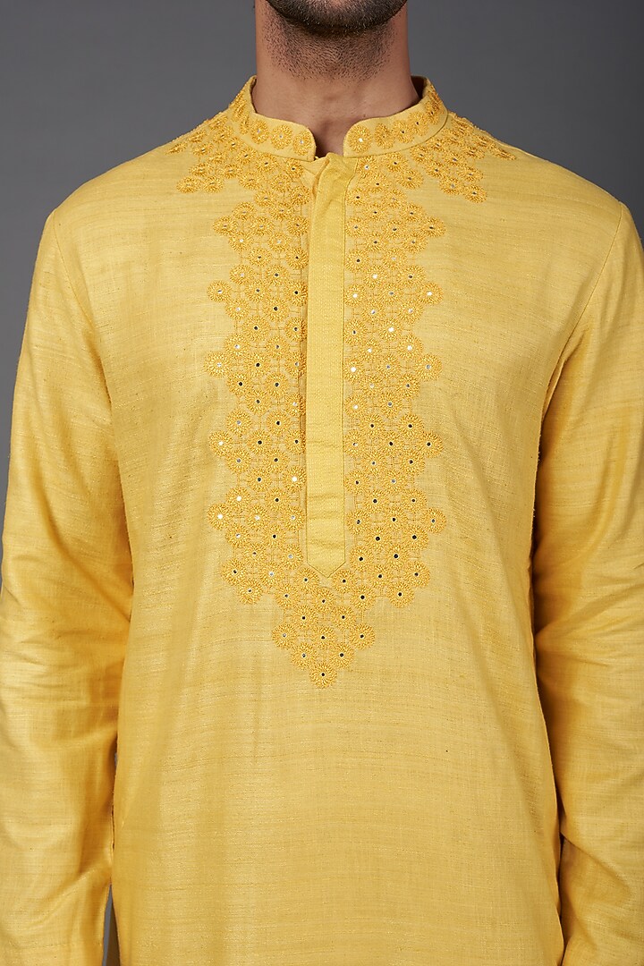 Yellow Silk Embroidered Kurta Set by Kishore Ramani at Pernia's Pop Up Shop