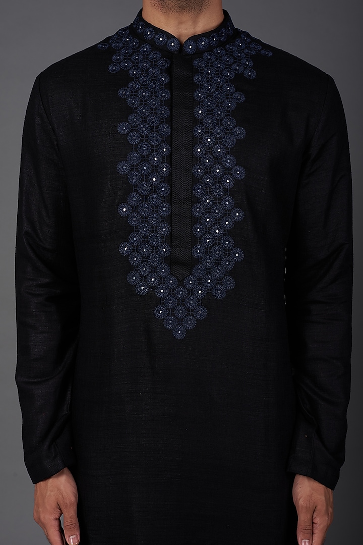 Black Embroidered Kurta Set by Kishore Ramani at Pernia's Pop Up Shop