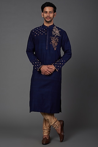 Navy Motif Embroidered Kurta Set by Kishore Ramani