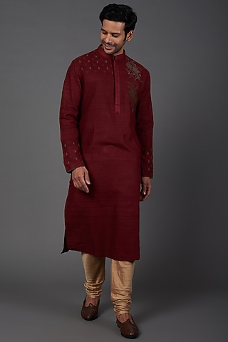 Deep Red Motif Embroidered Kurta Set by Kishore Ramani