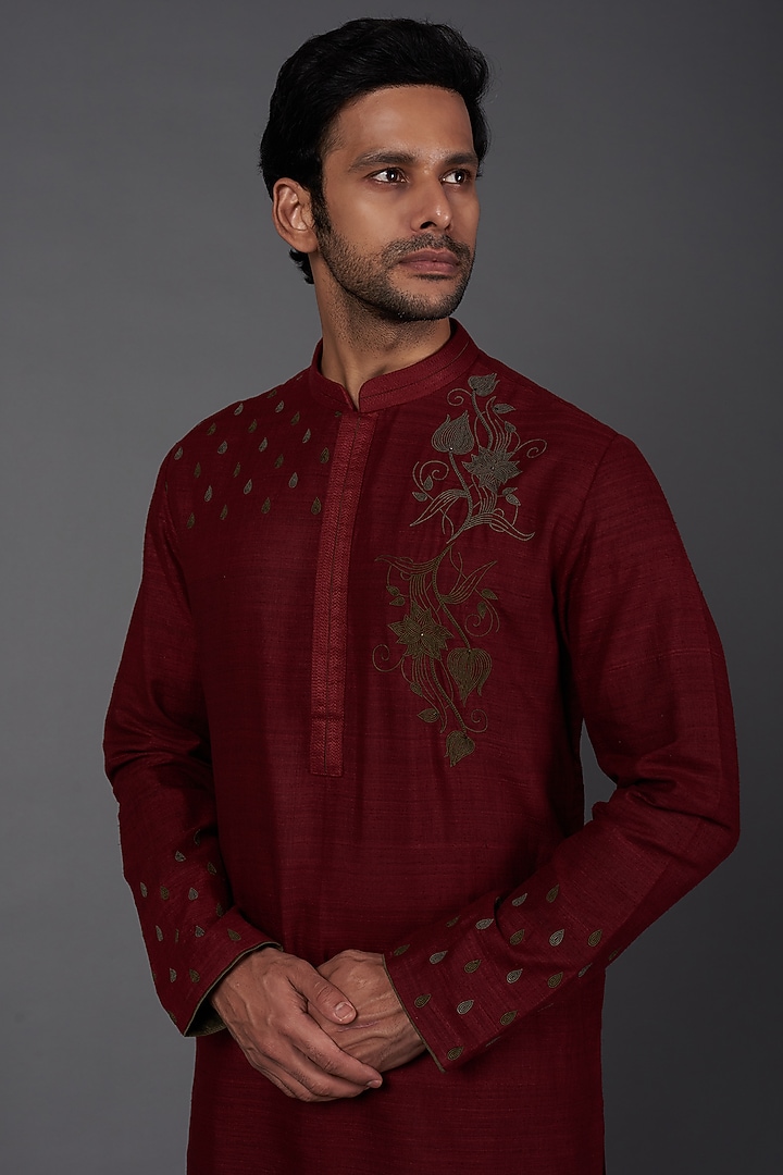 Deep Red Motif Embroidered Kurta Set by Kishore Ramani at Pernia's Pop Up Shop