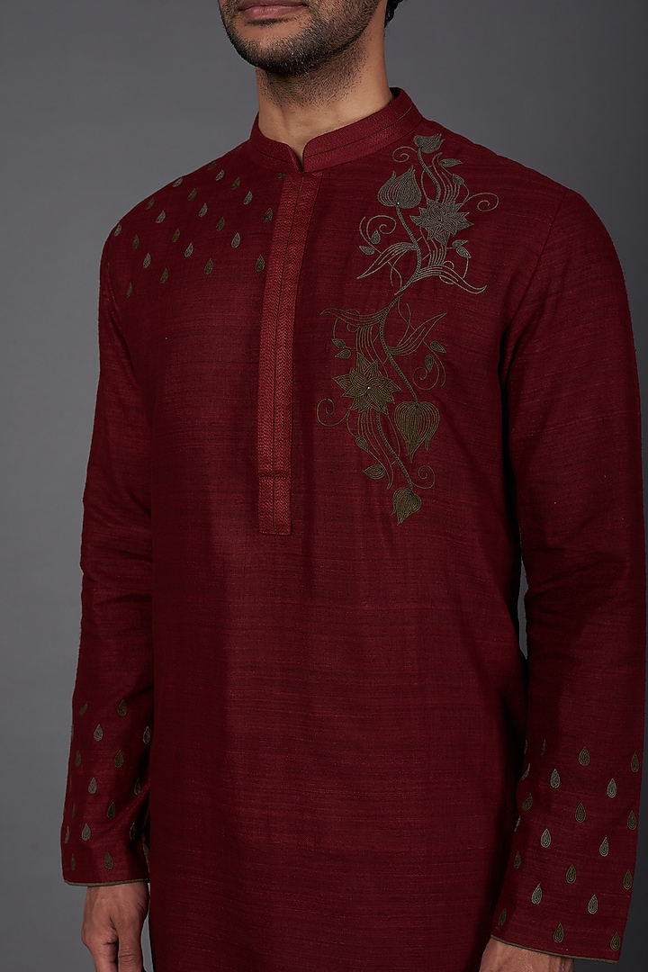 Deep Red Motif Embroidered Kurta Set by Kishore Ramani at Pernia's Pop Up Shop
