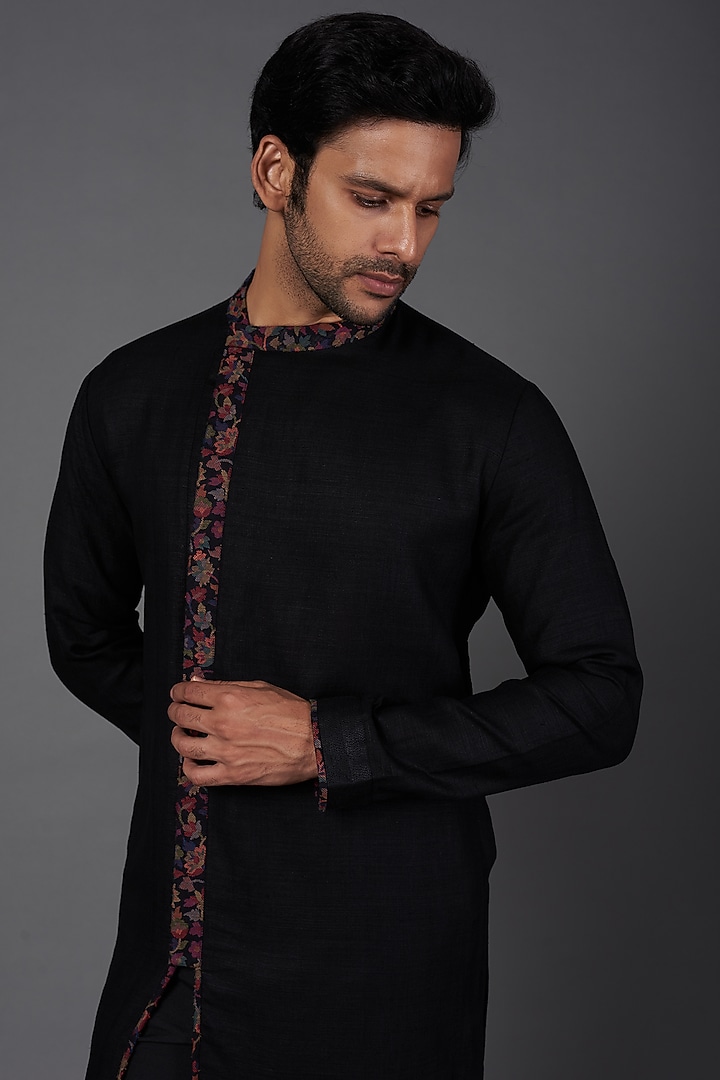 Black Asymmetrical Kurta Set by Kishore Ramani at Pernia's Pop Up Shop