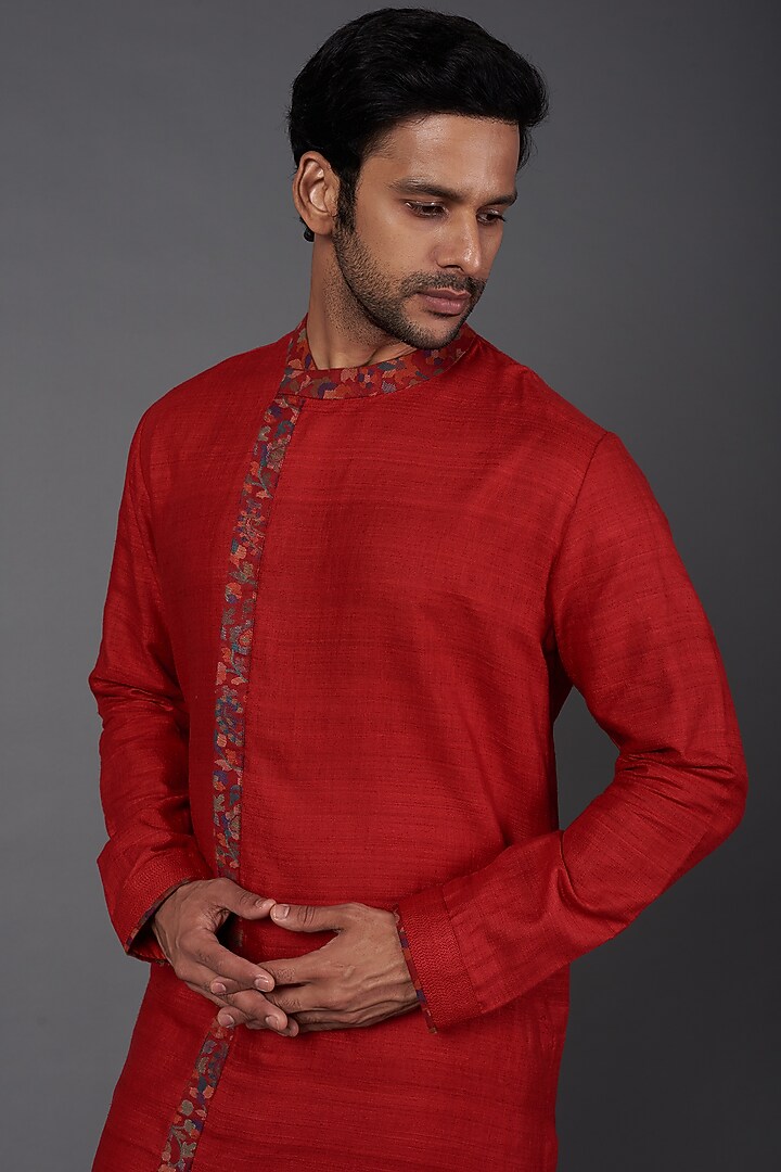 Red Asymmetrical Kurta Set by Kishore Ramani at Pernia's Pop Up Shop
