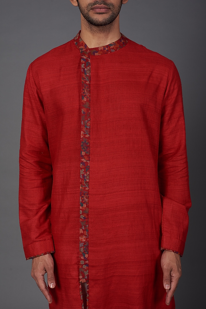 Red Asymmetrical Kurta Set by Kishore Ramani at Pernia's Pop Up Shop