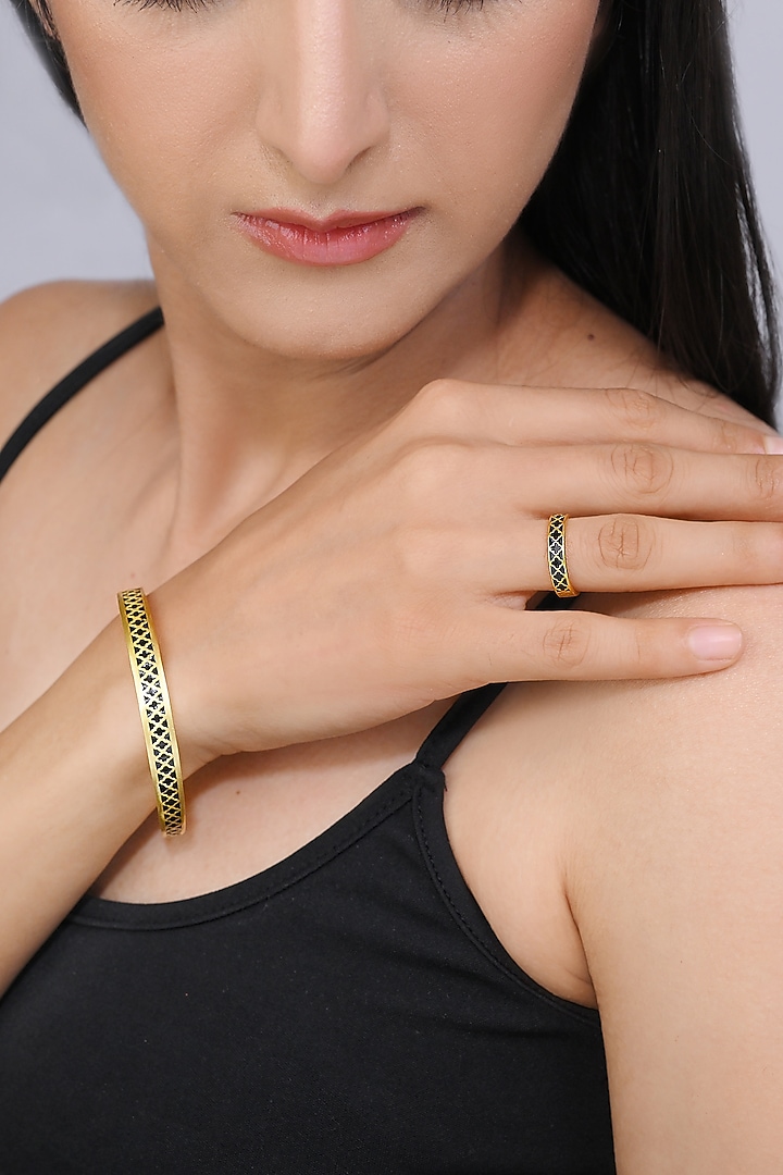 Gold Plated Engraved Enamelled Bangle by KIVAAKSHH at Pernia's Pop Up Shop
