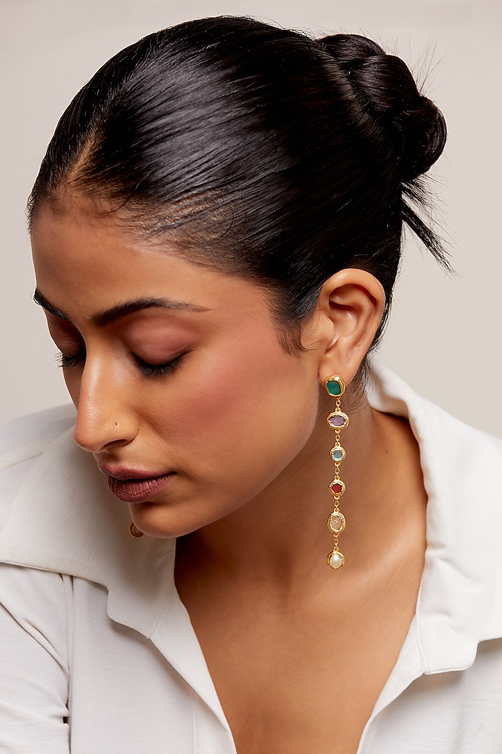 Gold Plated Multi-Colored Stone Handcrafted Dangler Earrings by KIVAAKSHH