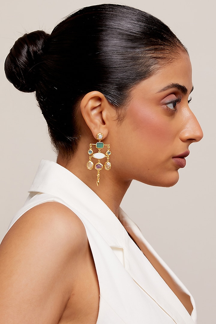 Gold Plated Multi-Colored Stone Handcrafted Dangler Earrings by KIVAAKSHH