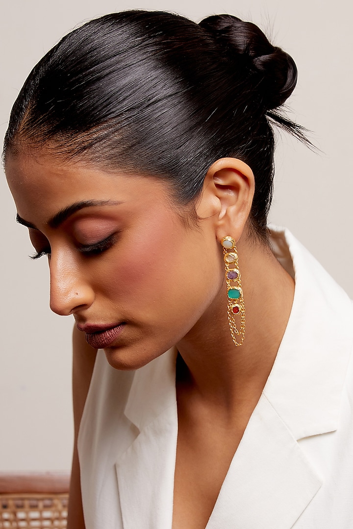 Gold Plated Multi-Colored Stone Handcrafted Layered Dangler Earrings by KIVAAKSHH
