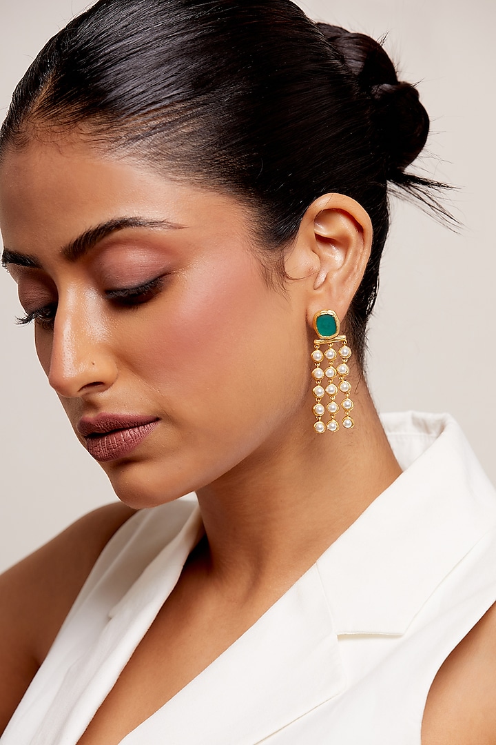 Gold Plated Pearl & Emerald Stone Handcrafted Dangler Earrings by KIVAAKSHH