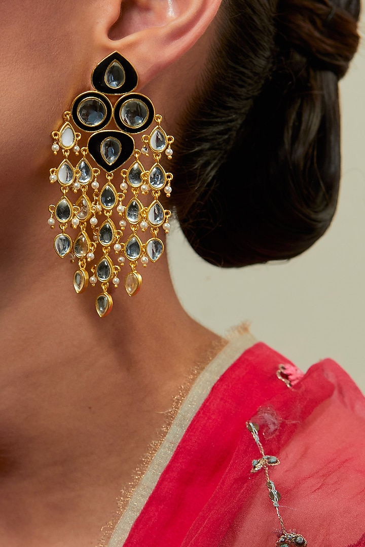 Gold Plated Kundan Polki Enamelled Dangler Earrings by KIVAAKSHH at Pernia's Pop Up Shop