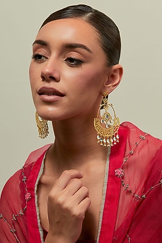 Gold Plated Kundan Polki & Pearl Chandbali Earrings by KIVAAKSHH