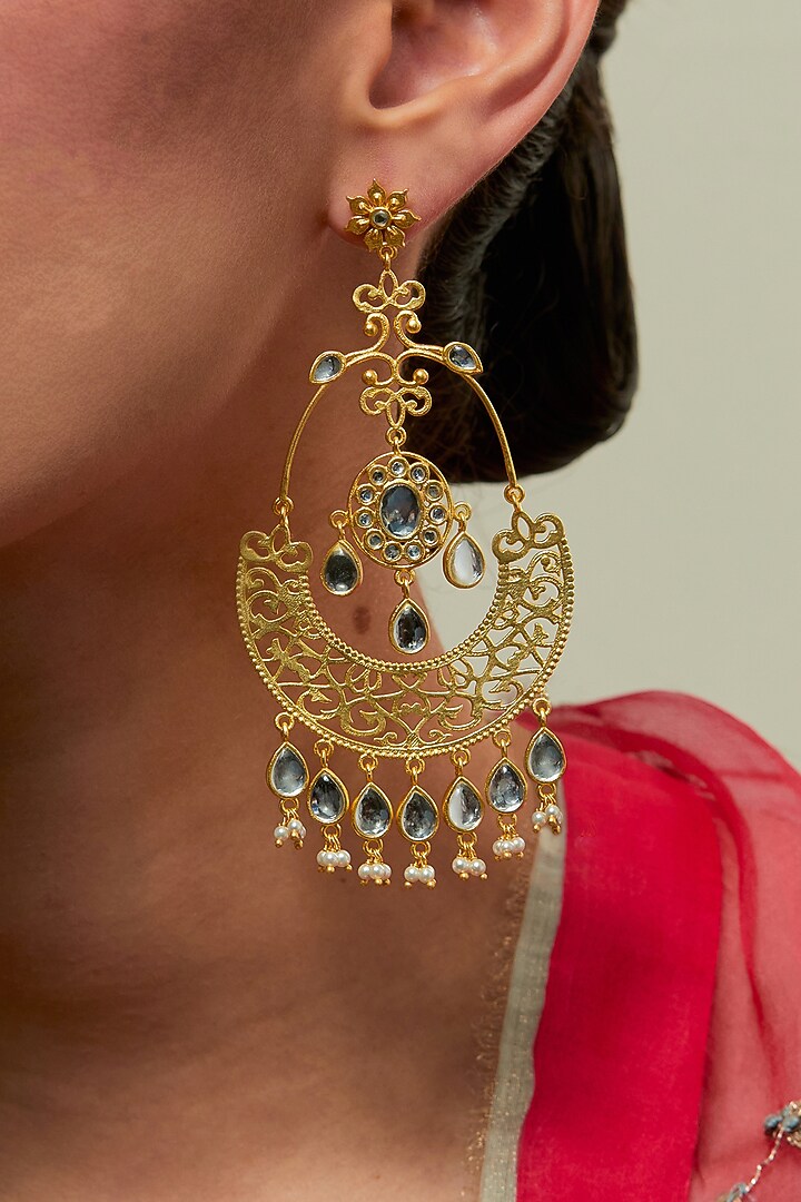 Gold Plated Kundan Polki & Pearl Chandbali Earrings by KIVAAKSHH at Pernia's Pop Up Shop
