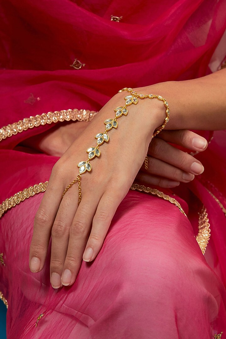 Gold Plated Kundan Polki & Pearl Bracelet by KIVAAKSHH at Pernia's Pop Up Shop