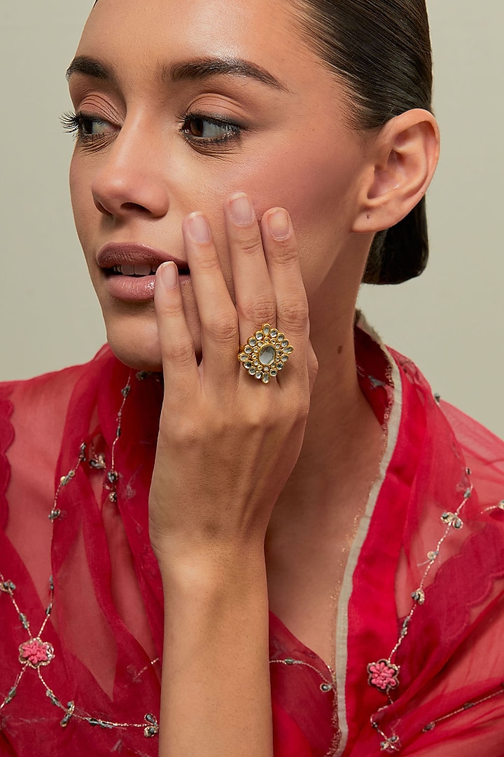 Gold Plated Kundan Polki & Pearl Ring by KIVAAKSHH