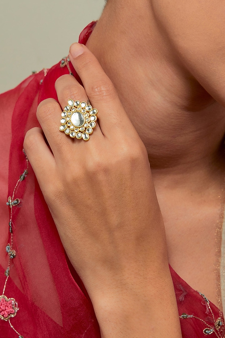 Gold Plated Kundan Polki & Pearl Ring by KIVAAKSHH at Pernia's Pop Up Shop