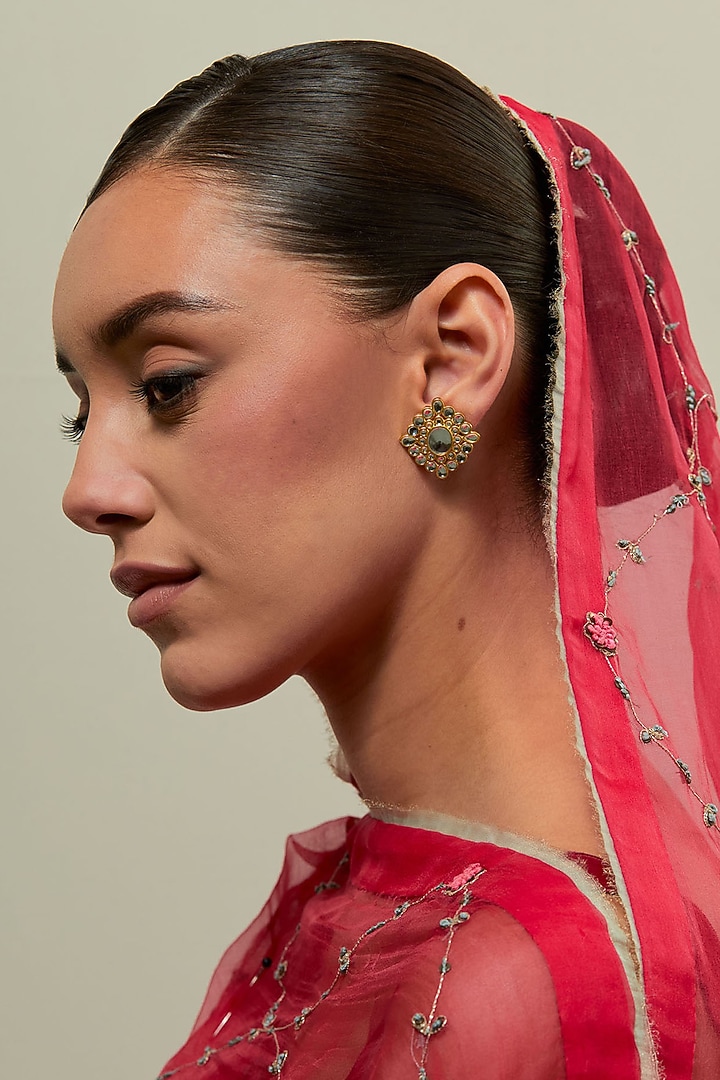 Gold Plated Kundan Polki Stud Earrings by KIVAAKSHH at Pernia's Pop Up Shop