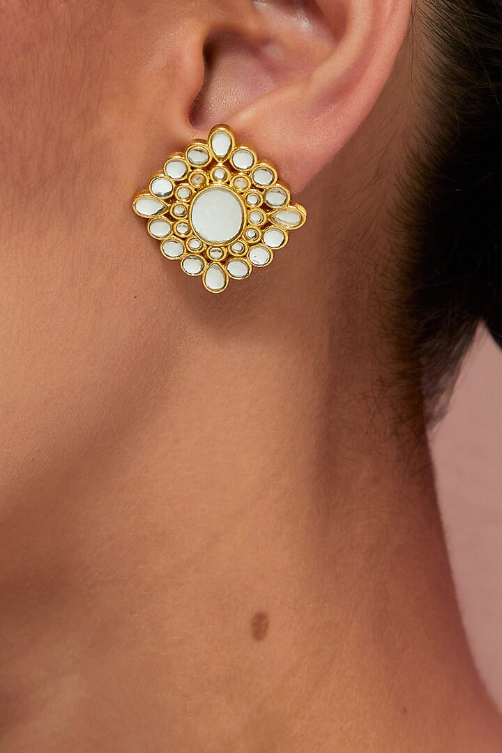 Gold Plated Kundan Polki Stud Earrings by KIVAAKSHH at Pernia's Pop Up Shop