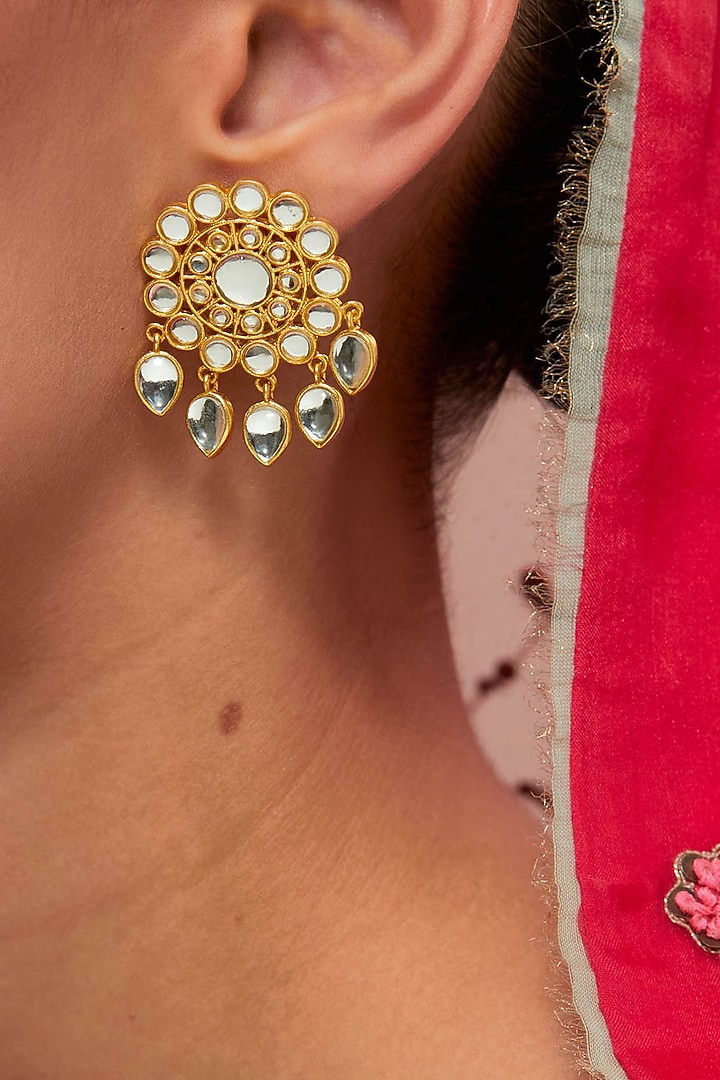 Gold Plated Kundan Polki & Pearl Dangler Earrings by KIVAAKSHH at Pernia's Pop Up Shop