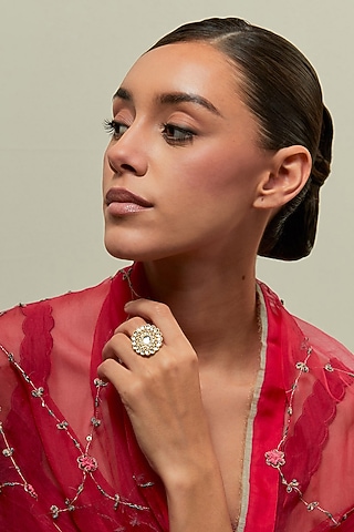 Gold Plated Kundan Polki & Pearl Ring by KIVAAKSHH
