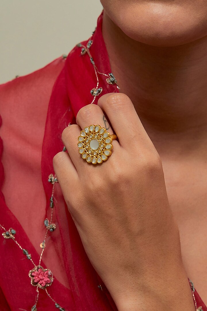 Gold Plated Kundan Polki & Pearl Ring by KIVAAKSHH at Pernia's Pop Up Shop