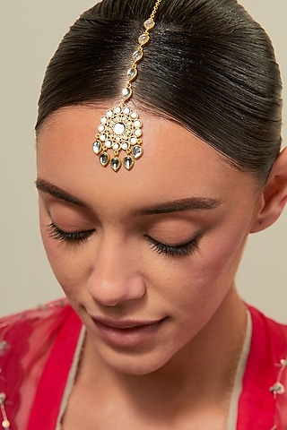 Gold Plated Kundan Polki & Pearl Maangtikka by KIVAAKSHH