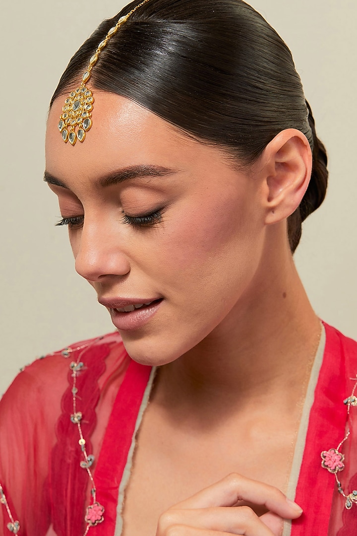 Gold Plated Kundan Polki & Pearl Maangtikka by KIVAAKSHH at Pernia's Pop Up Shop