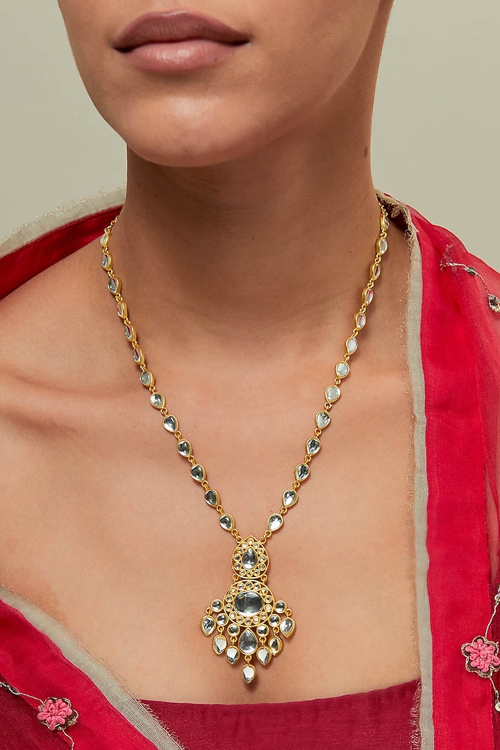 Gold Plated Kundan Polki & Pearl Necklace by KIVAAKSHH at Pernia's Pop Up Shop