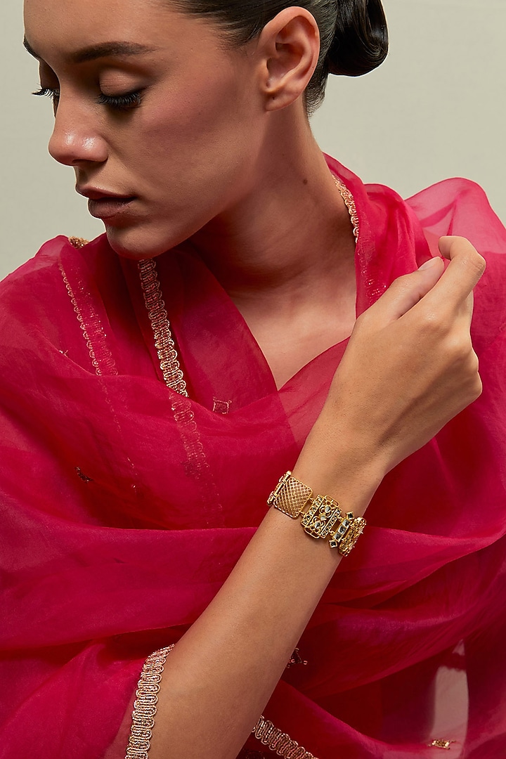 Gold Plated Kundan Polki & Pearl Bracelet by KIVAAKSHH