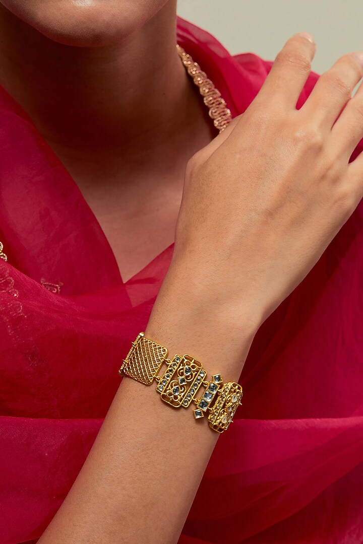 Gold Plated Kundan Polki & Pearl Bracelet by KIVAAKSHH at Pernia's Pop Up Shop