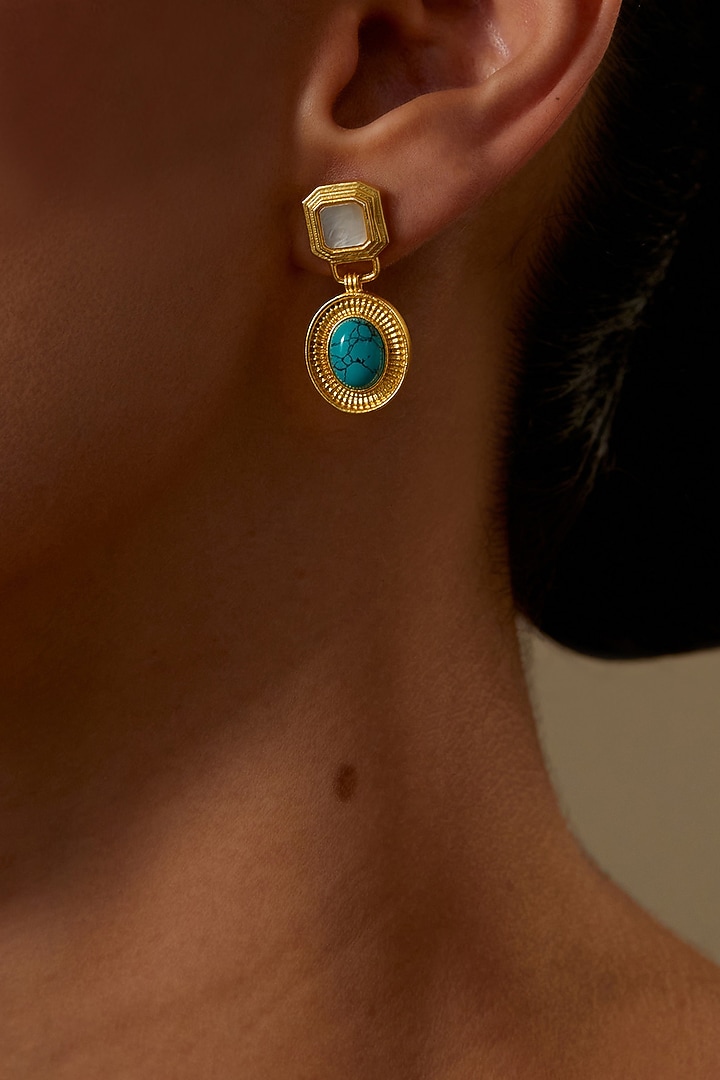 Gold Plated Turquoise Stone & Pearl Dangler Earrings by KIVAAKSHH at Pernia's Pop Up Shop