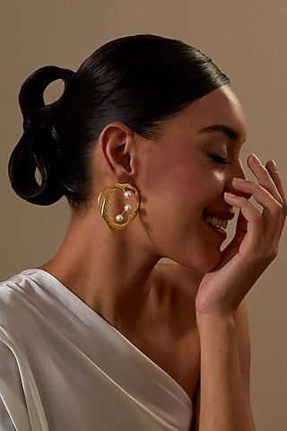 Gold Plated Pearl Hoop Earrings by KIVAAKSHH