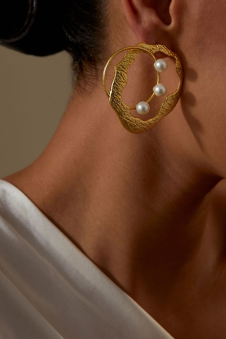 Gold Plated Pearl Hoop Earrings by KIVAAKSHH at Pernia's Pop Up Shop