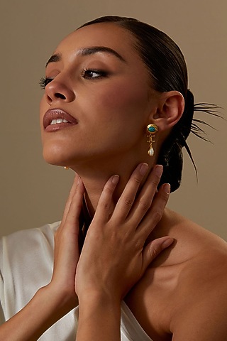 Gold Plated Turquoise Stone & Pearl Dangler Earrings by KIVAAKSHH