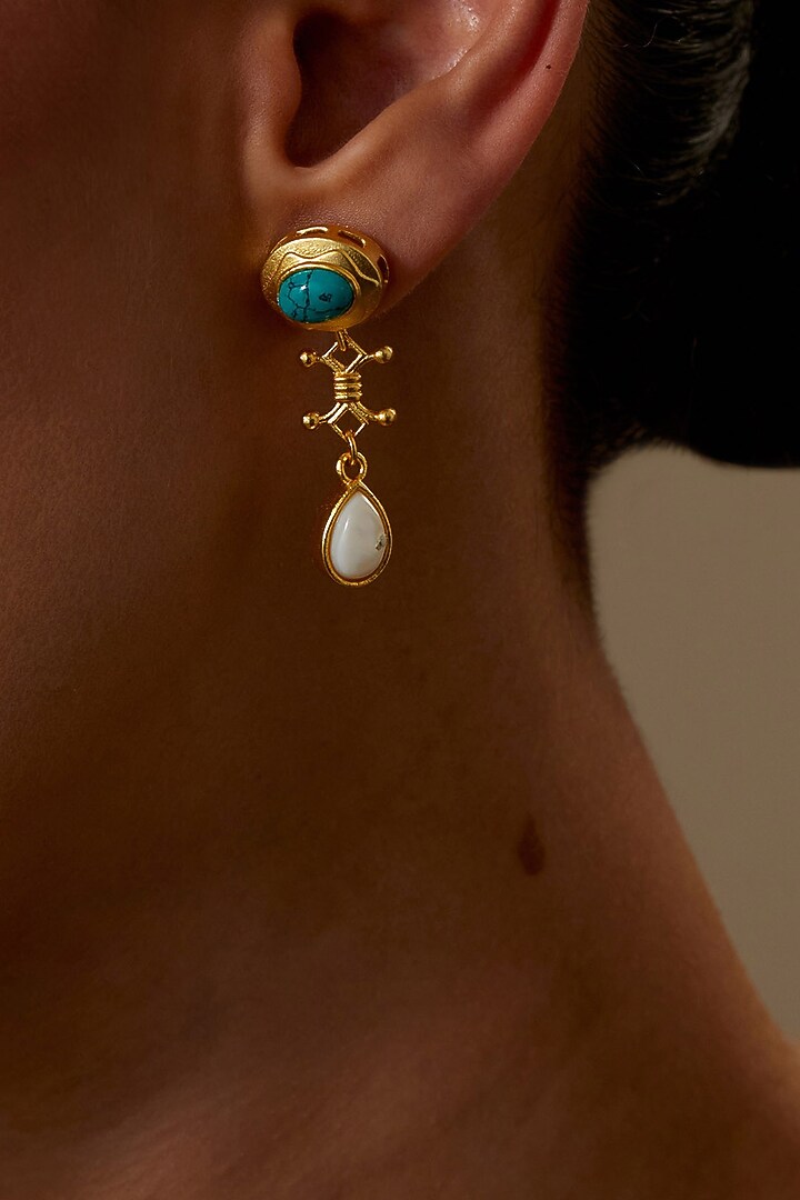 Gold Plated Turquoise Stone & Pearl Dangler Earrings by KIVAAKSHH at Pernia's Pop Up Shop
