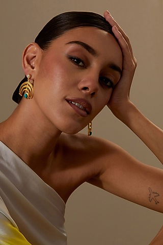 Gold Plated Turquoise Stone & Pearl Dangler Earrings by KIVAAKSHH