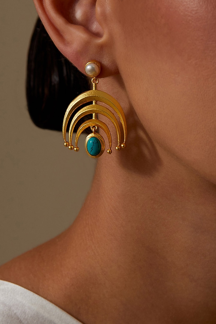 Gold Plated Turquoise Stone & Pearl Dangler Earrings by KIVAAKSHH at Pernia's Pop Up Shop