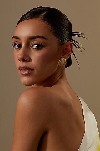 Gold Plated Shell Pearl Stud Earrings by KIVAAKSHH