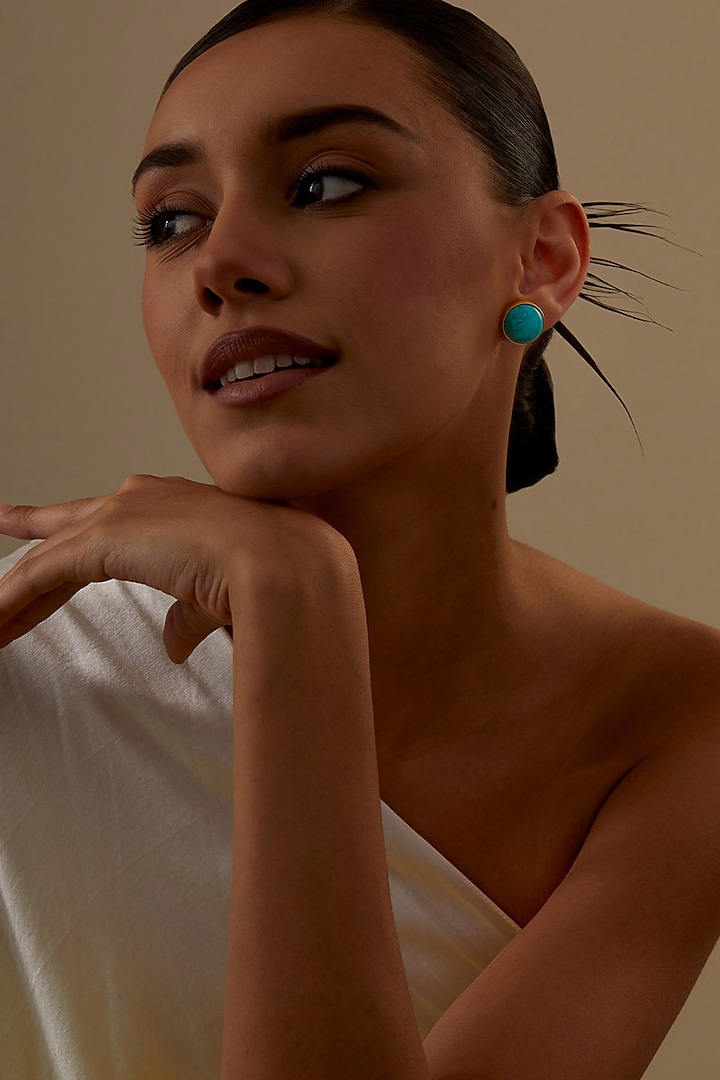 Gold Plated Turquoise Stone Stud Earrings by KIVAAKSHH at Pernia's Pop Up Shop