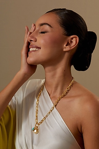 Gold Plated Turquoise Stone & Pearl Necklace by KIVAAKSHH