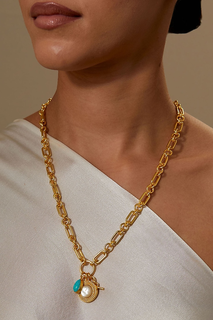 Gold Plated Turquoise Stone & Pearl Necklace by KIVAAKSHH at Pernia's Pop Up Shop
