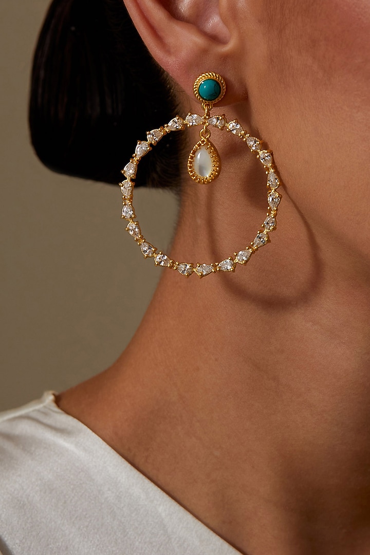 Gold Plated Zircon & Pearl Chandbali Earrings by KIVAAKSHH at Pernia's Pop Up Shop