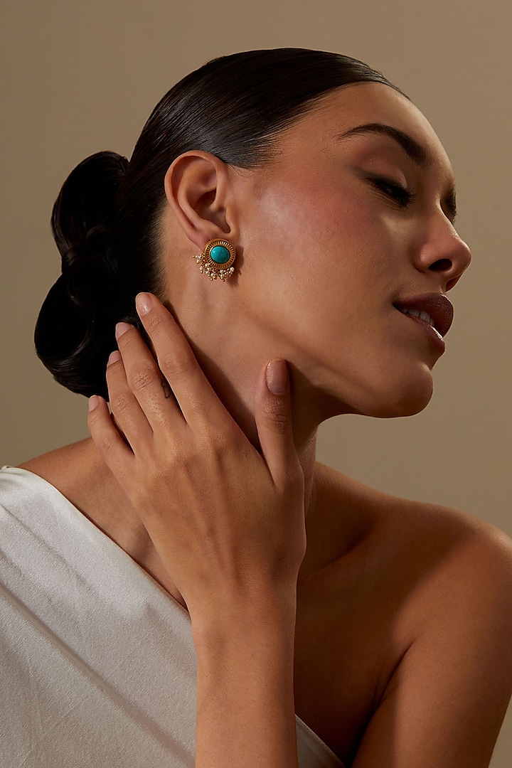 Gold Plated Turquoise Stone Stud Earrings by KIVAAKSHH at Pernia's Pop Up Shop