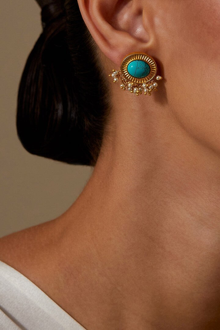 Gold Plated Turquoise Stone Stud Earrings by KIVAAKSHH at Pernia's Pop Up Shop