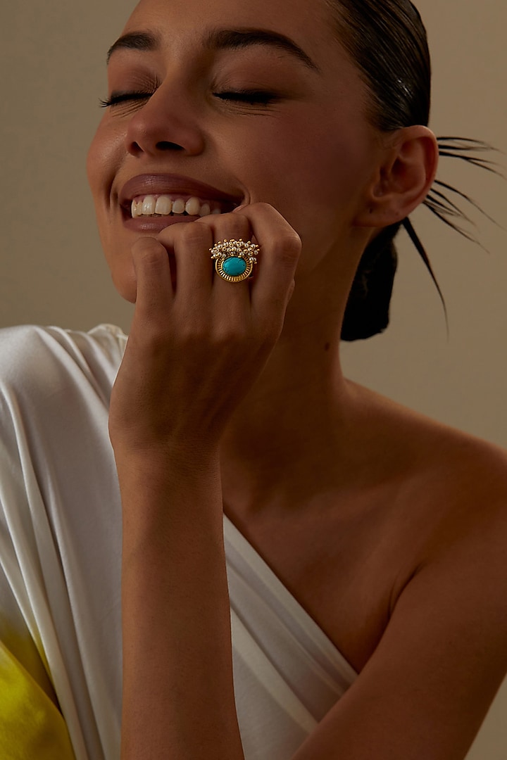 Gold Plated Turquoise Stone Ring by KIVAAKSHH at Pernia's Pop Up Shop