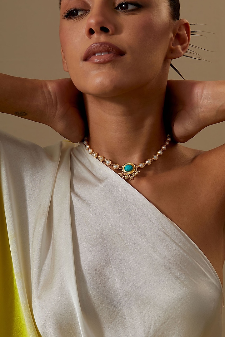 Gold Plated Turquoise Stone & Pearl Enamelled Choker Necklace by KIVAAKSHH at Pernia's Pop Up Shop