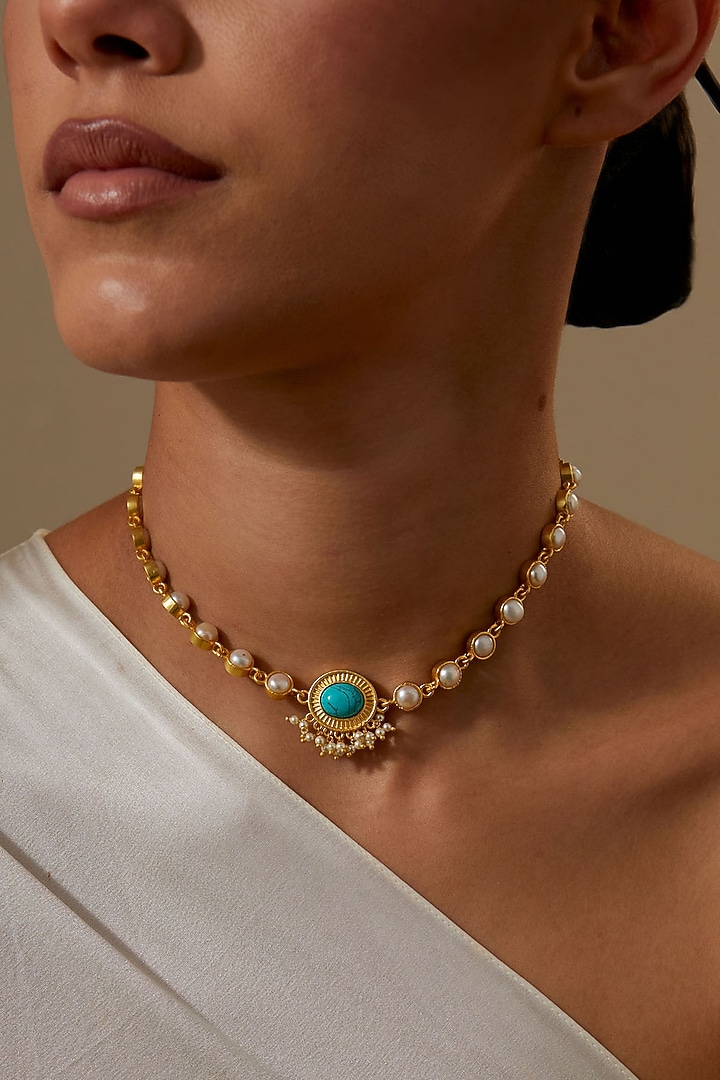 Gold Plated Turquoise Stone & Pearl Enamelled Choker Necklace by KIVAAKSHH at Pernia's Pop Up Shop