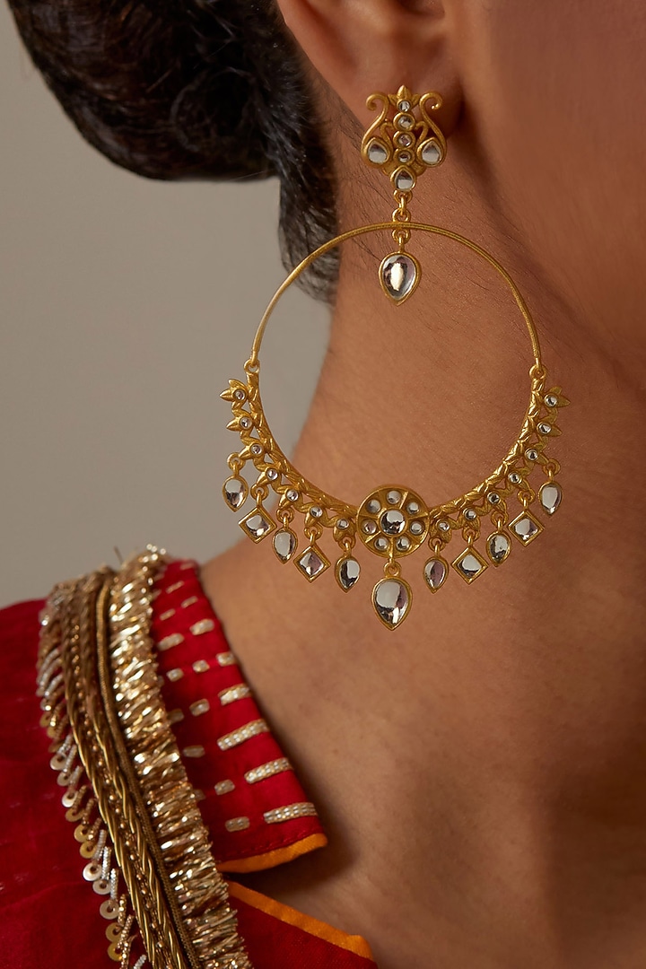 Gold Plated Kundan Polki & Pearl Chandbali Earrings by KIVAAKSHH at Pernia's Pop Up Shop